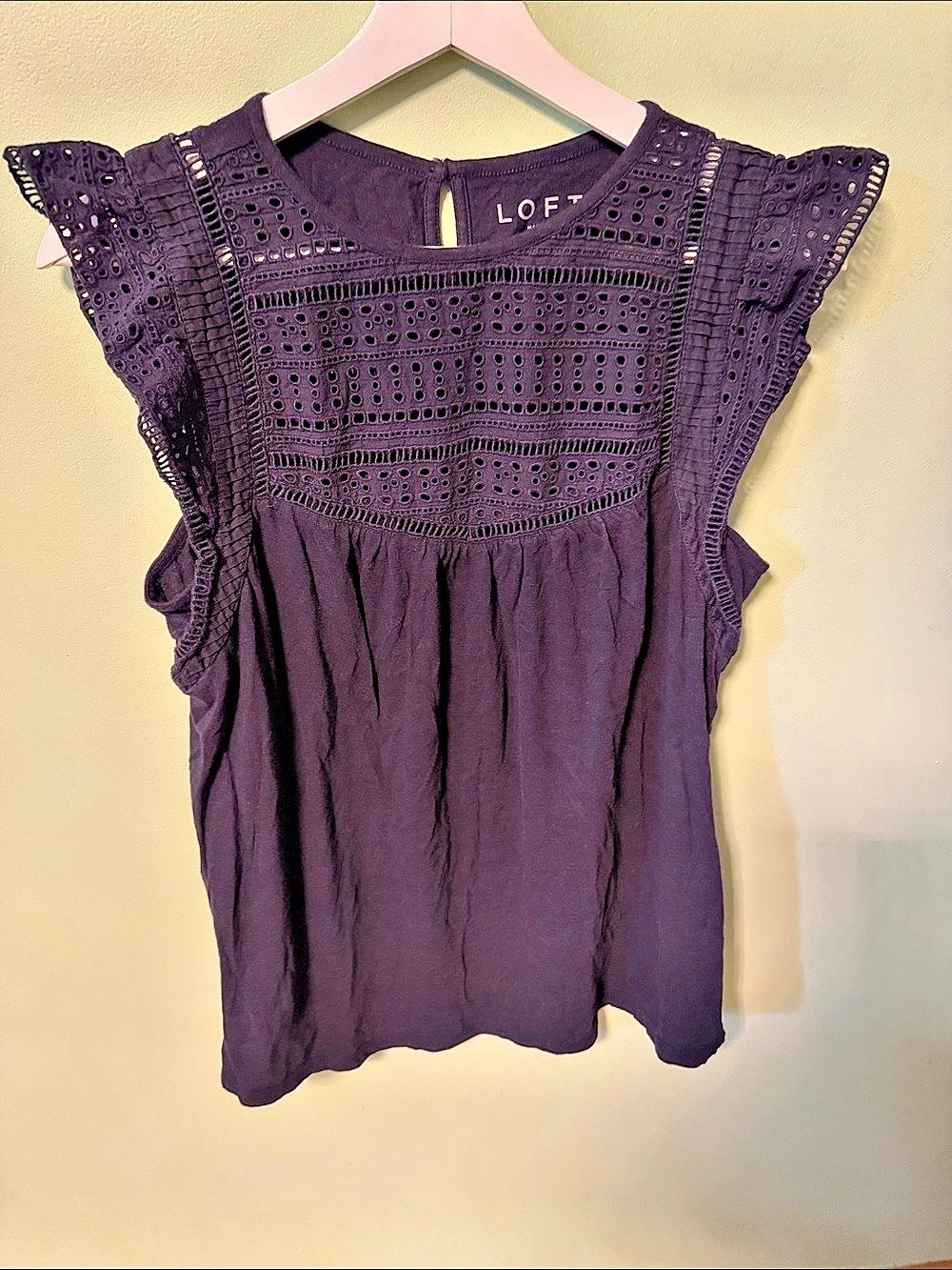 LOFT Eyelet Flutter Sleeve Blouse in Purple Medium